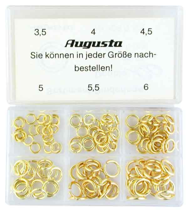 Assortimento di anellini tondi, placcati gialli, 3,5 - 6 mm, 120 pz. Assortimento di anellini tondi, placcati gialli, 3,5 - 6 mm, 120 pz.