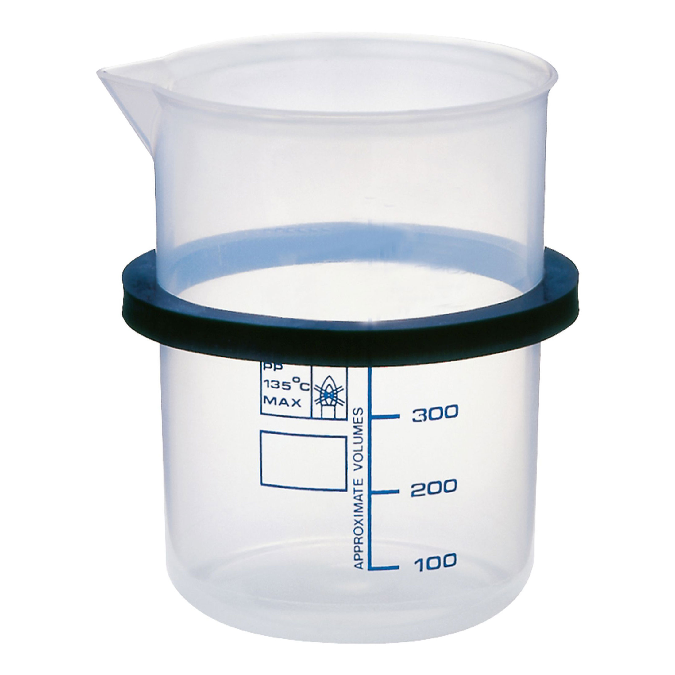 Plastic beaker with rubber ring