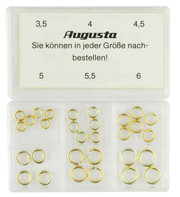 Assortimento di anellini tondi, placcati gialli, 3,5 - 6 mm, 30 pz. Assortimento di anellini tondi, placcati gialli, 3,5 - 6 mm, 30 pz.